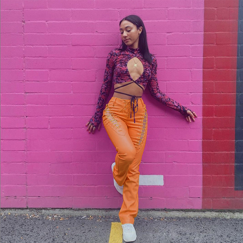 Women's High Waist Hollow-out Strap Straight Ankle Tied Leather Pants