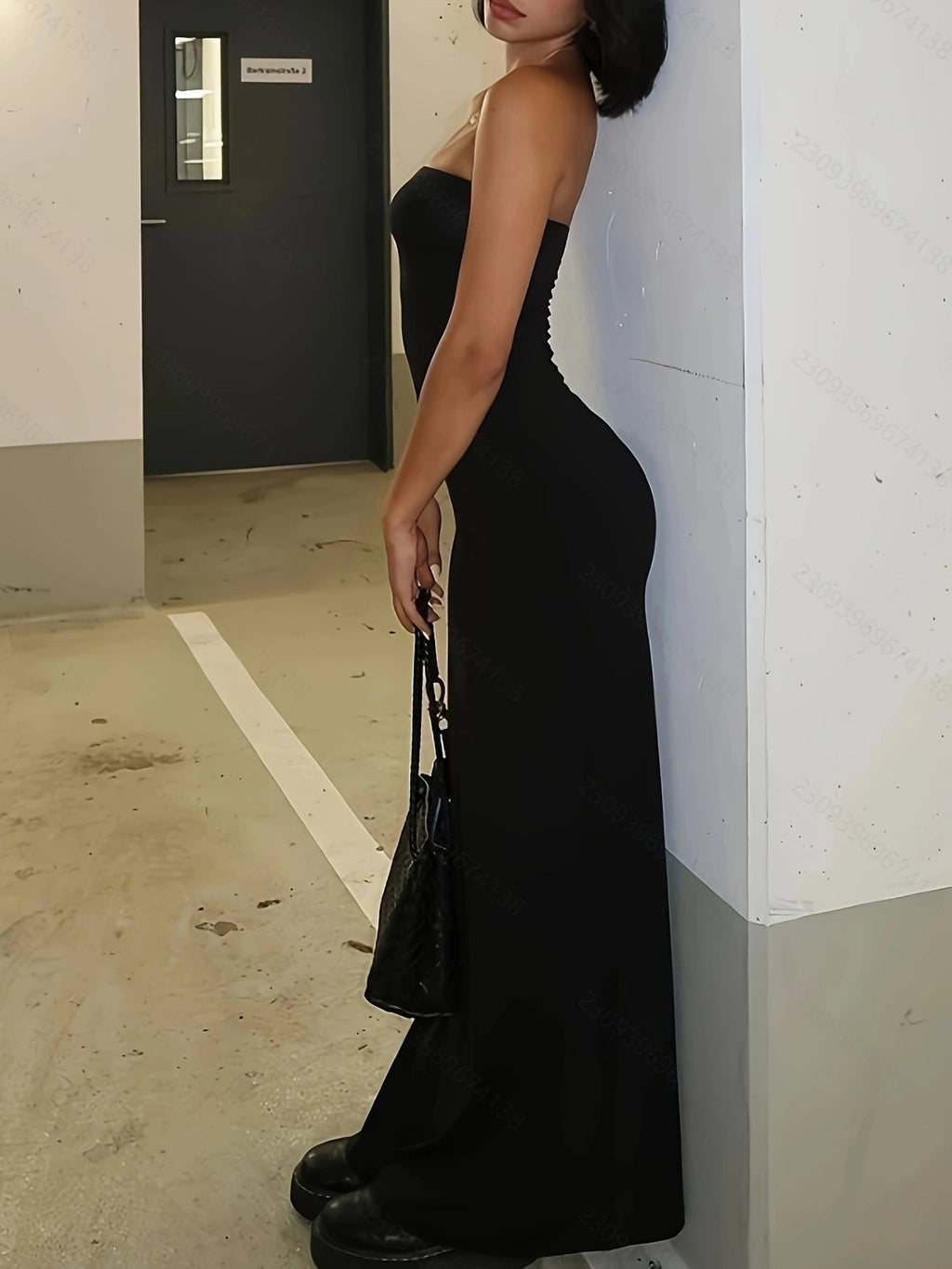 Ladies A Line Neck Sexy Chest Bare Back Solid Color Slim-fit Slit Long Dress