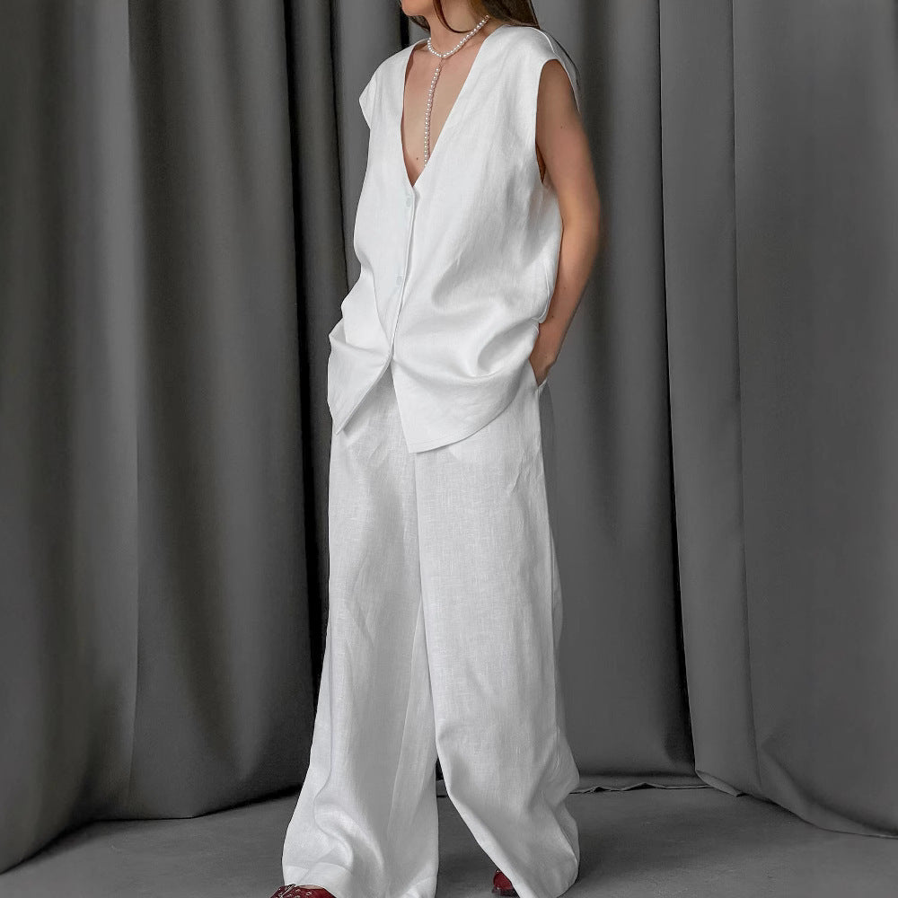 White V-neck Cotton And Linen Sleeveless Waistcoat Vest High Waist Pants Suit