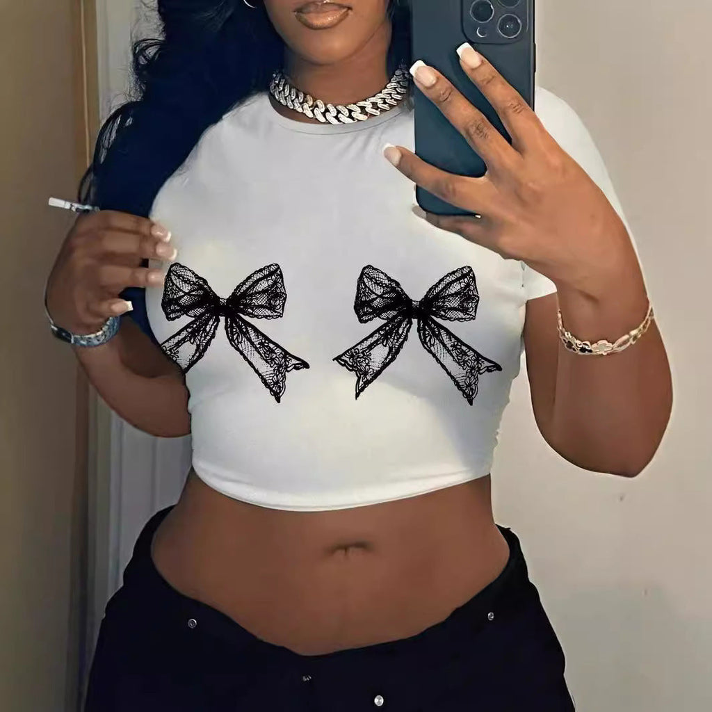 Simple Round Neck Lace Bow Print Short Sleeve