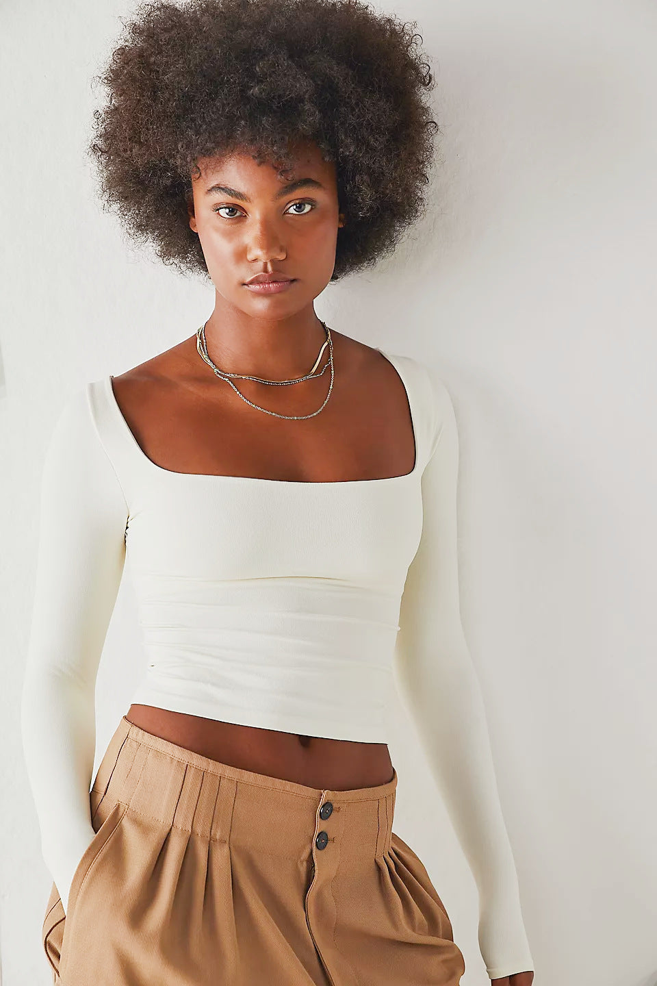 Women's Clothes Long Sleeve T-shirt Solid Color Bare Midriff Short Square Collar Top