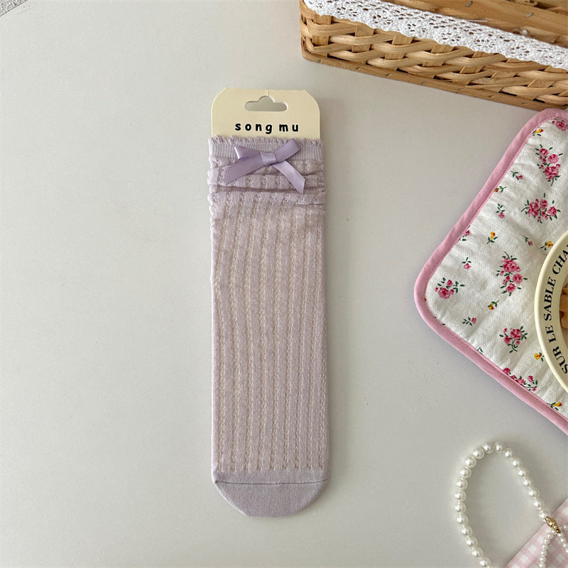 Thin Mesh Hollow Out Bow Mid-calf Length Loose Socks Breathable Sweat Absorbing