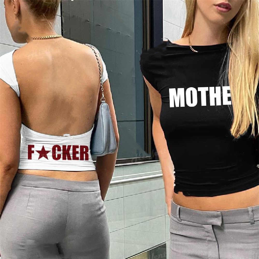 Short Sleeve Backless Y2K Mother F Clothes Crop Top Women