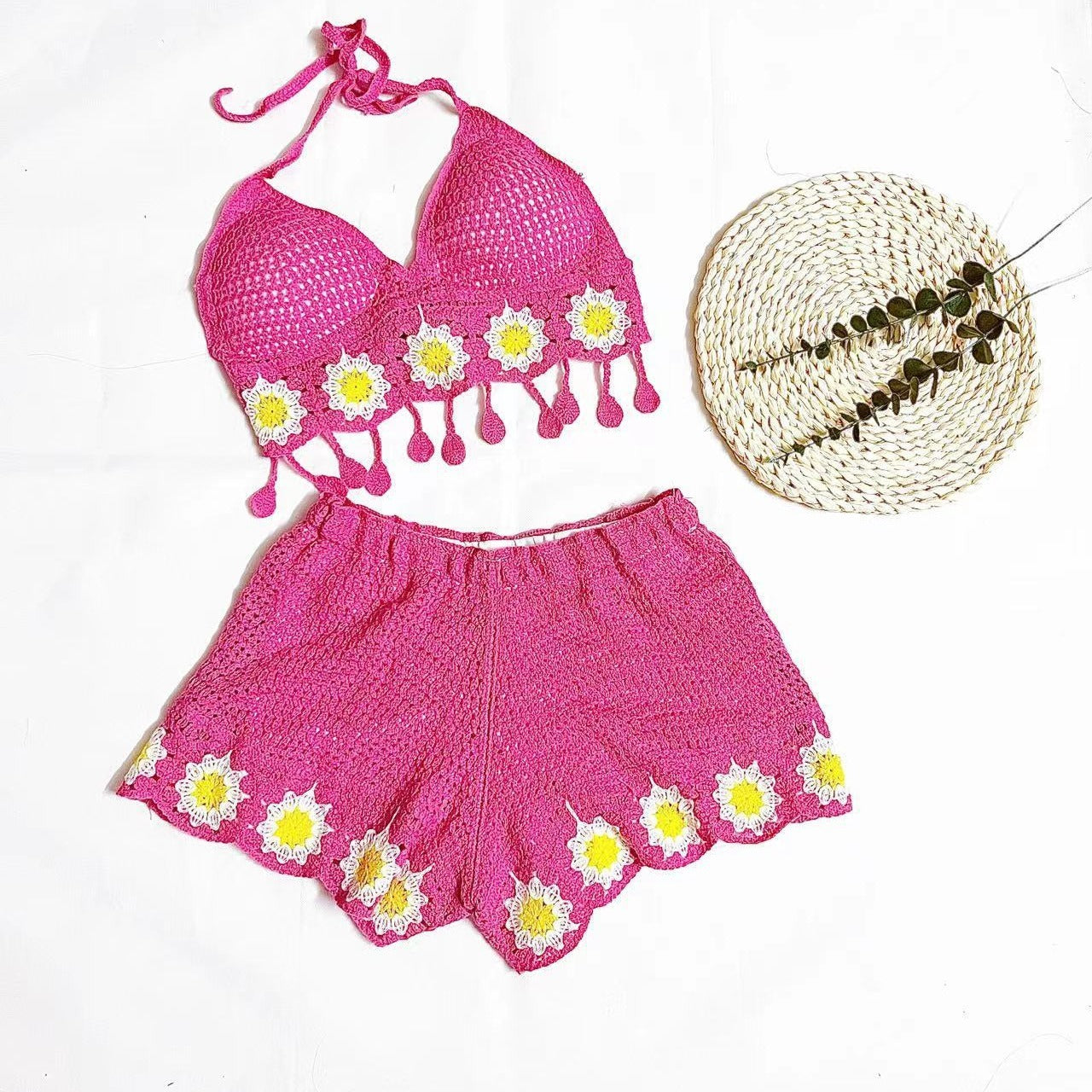 Vacation Style Woven Cutout Sling Slimming Shorts Suit