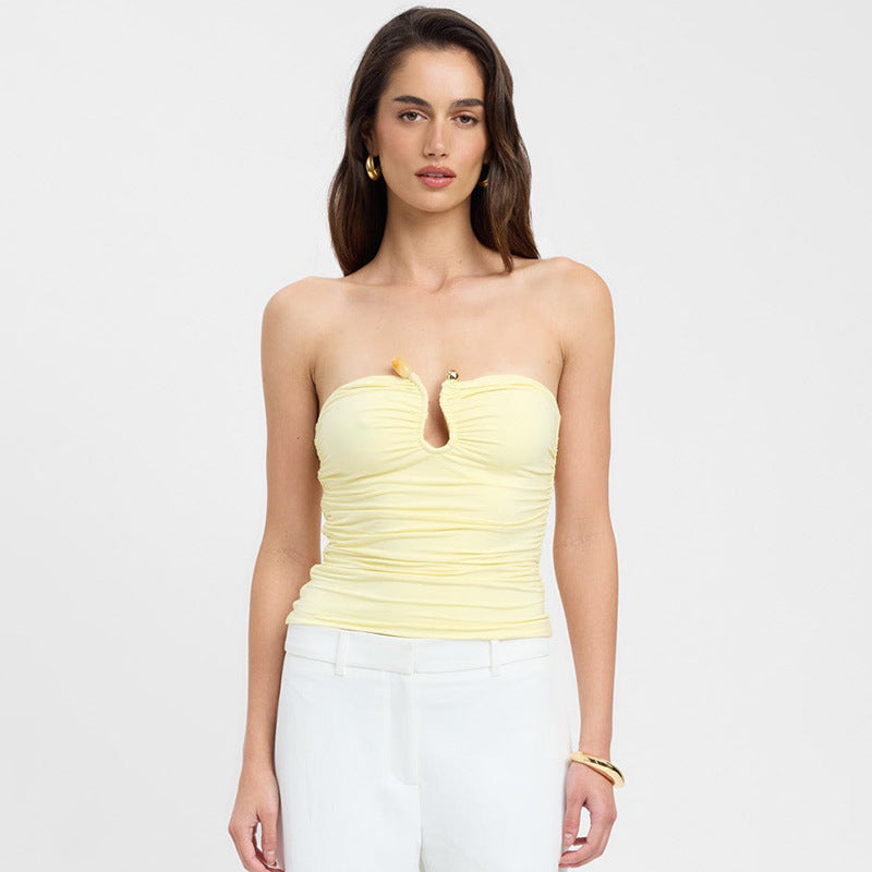 Solid Color Chest-wrapped Backless Pleated Agate Top