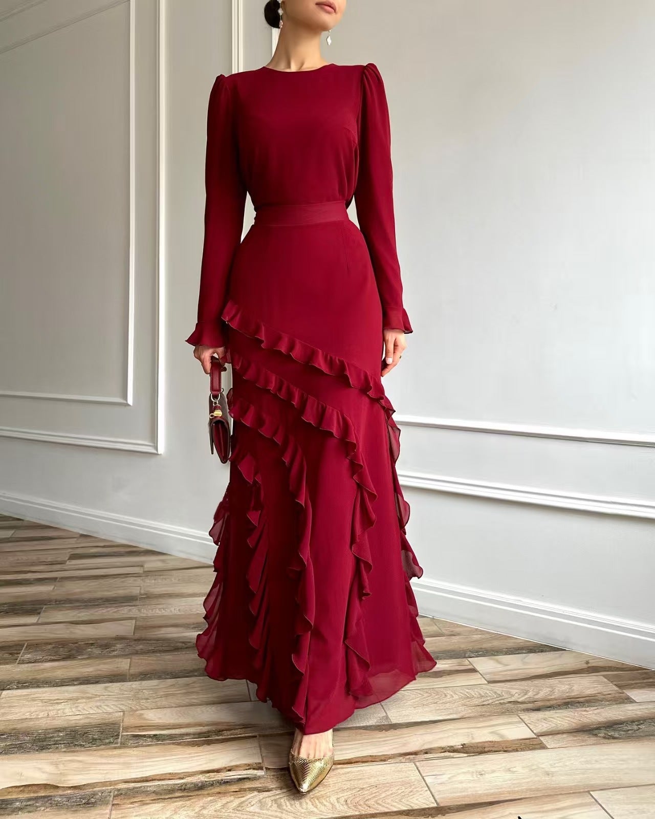 Three-dimensional Ruffled Slim Fit Long Dress Two-piece Set