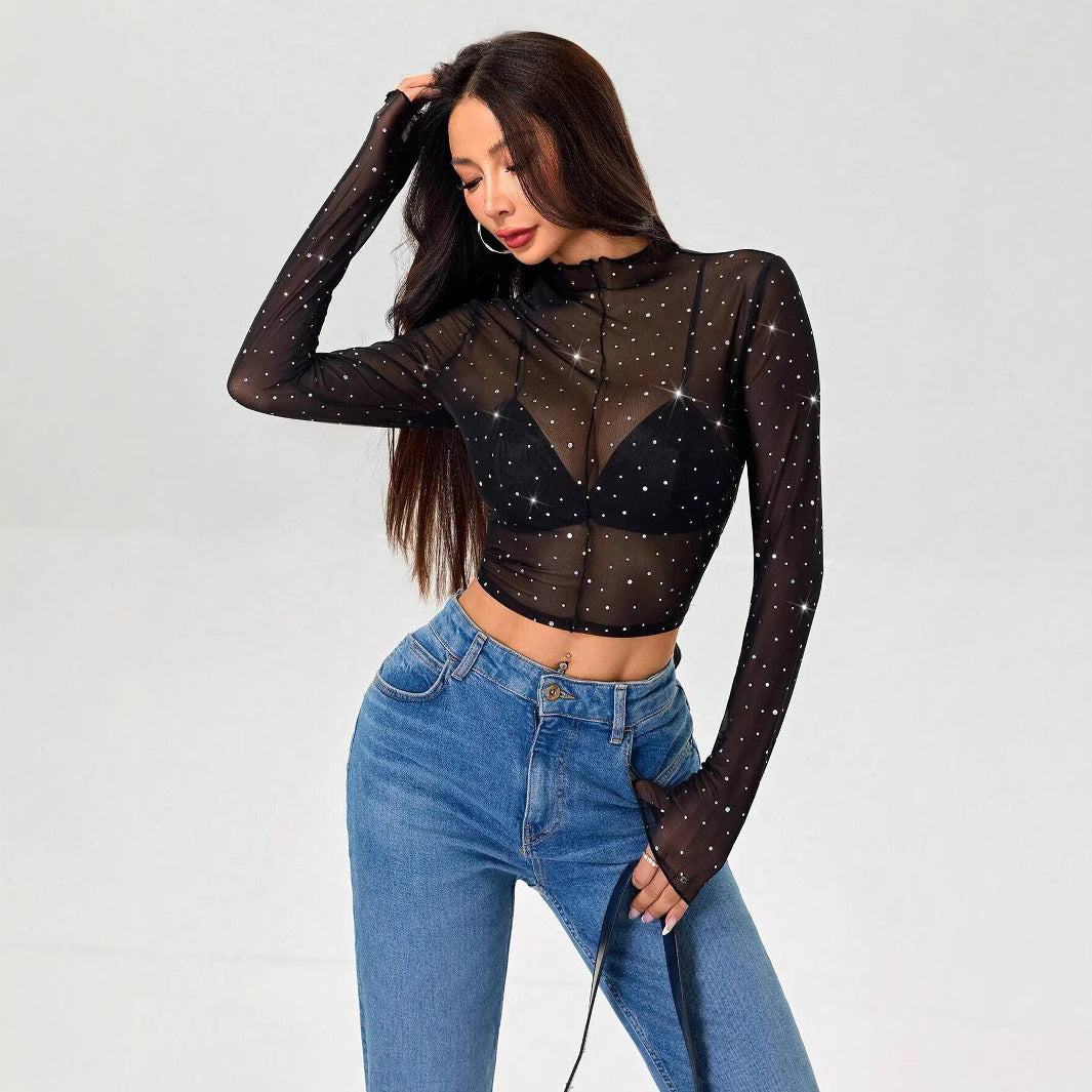 Stand-up Collar Long-sleeved Mesh Transparent Sequined Decorative T-shirt Top