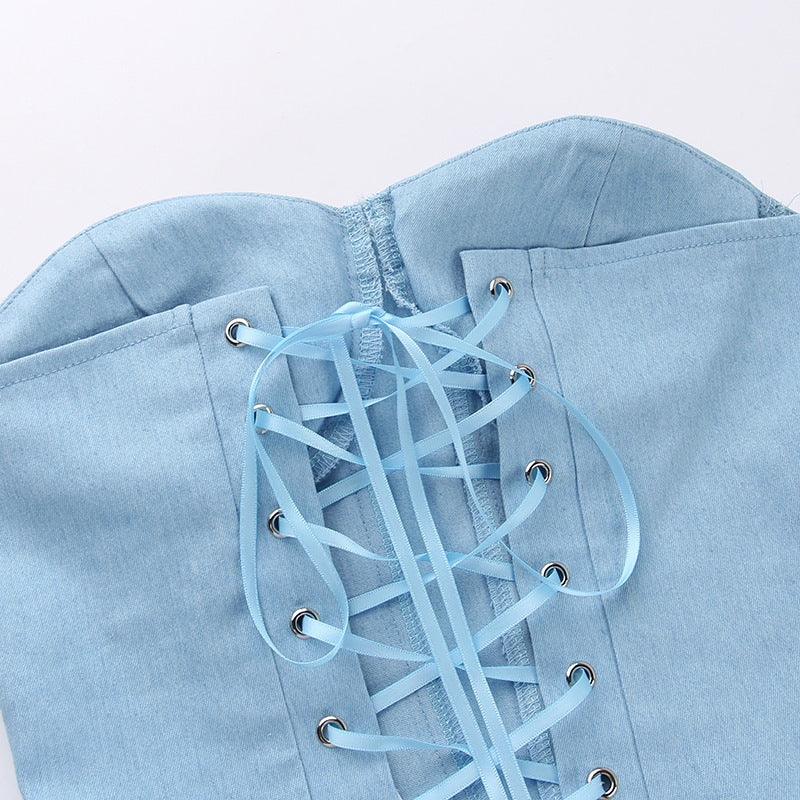 Y2K Denim Tube Vest Top With Back-tied Design Fashion Crop Corset Tank For Women Clothing