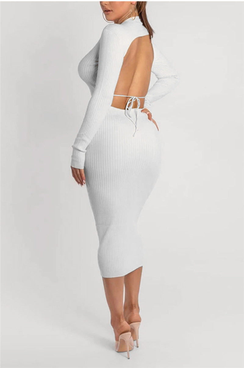 Sexy Halter Strap White Tight Long Sleeve Dress