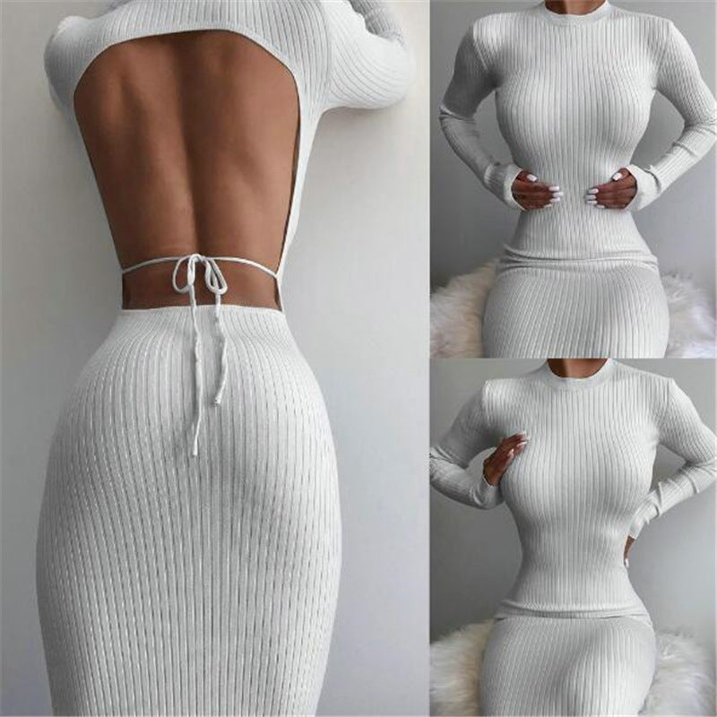 Sexy Halter Strap White Tight Long Sleeve Dress