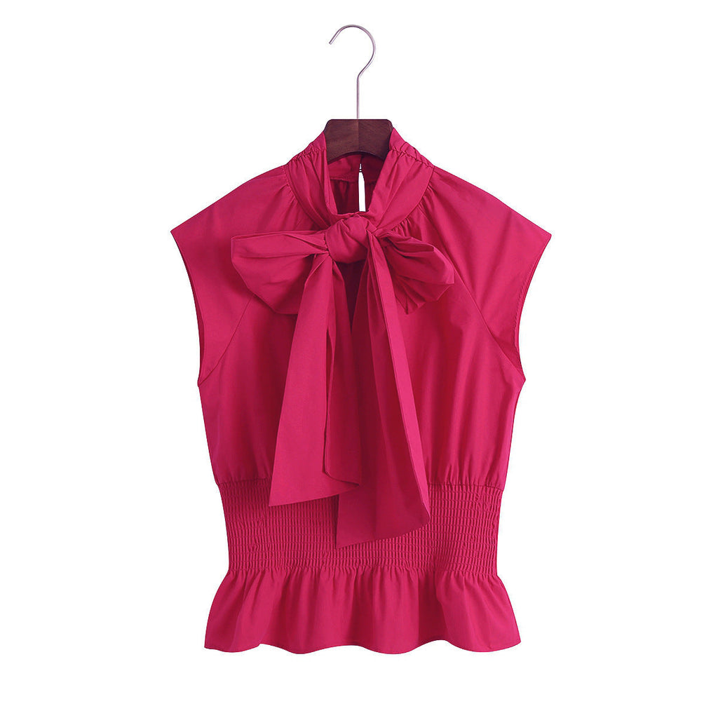 Ladies Bow Tie Bow Tie Waist Ruffled Sleeveless Shirt