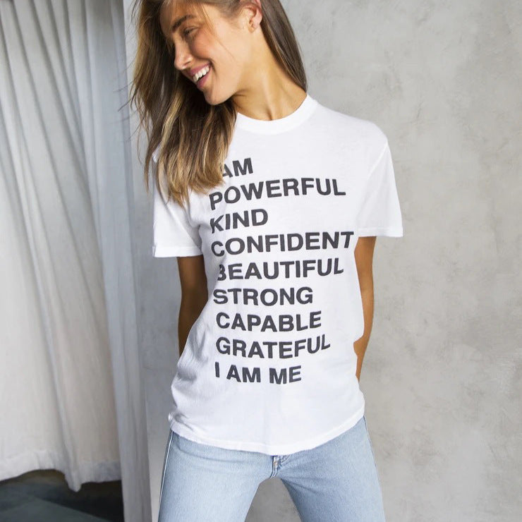 Short-Sleeve White Tees Women Shirt Letter Print O-Neck Cotton