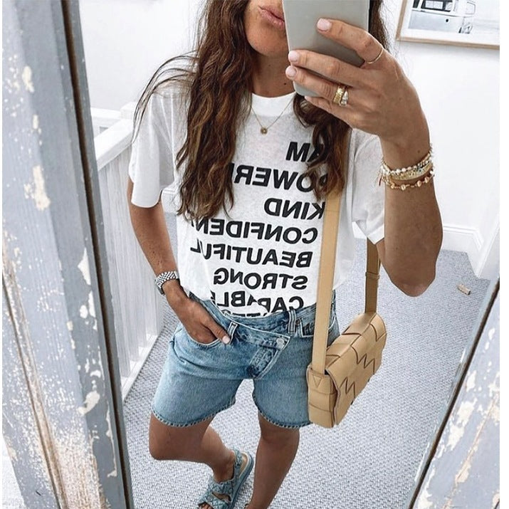 Short-Sleeve White Tees Women Shirt Letter Print O-Neck Cotton