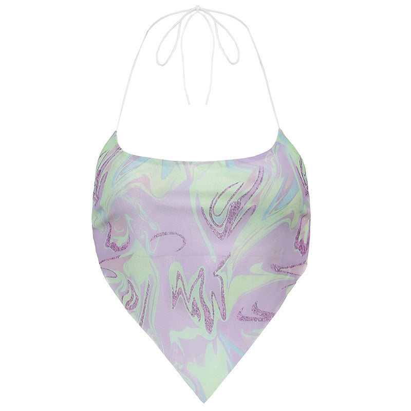 Hot Girl Irregular Printing Lace Halter Vest Women