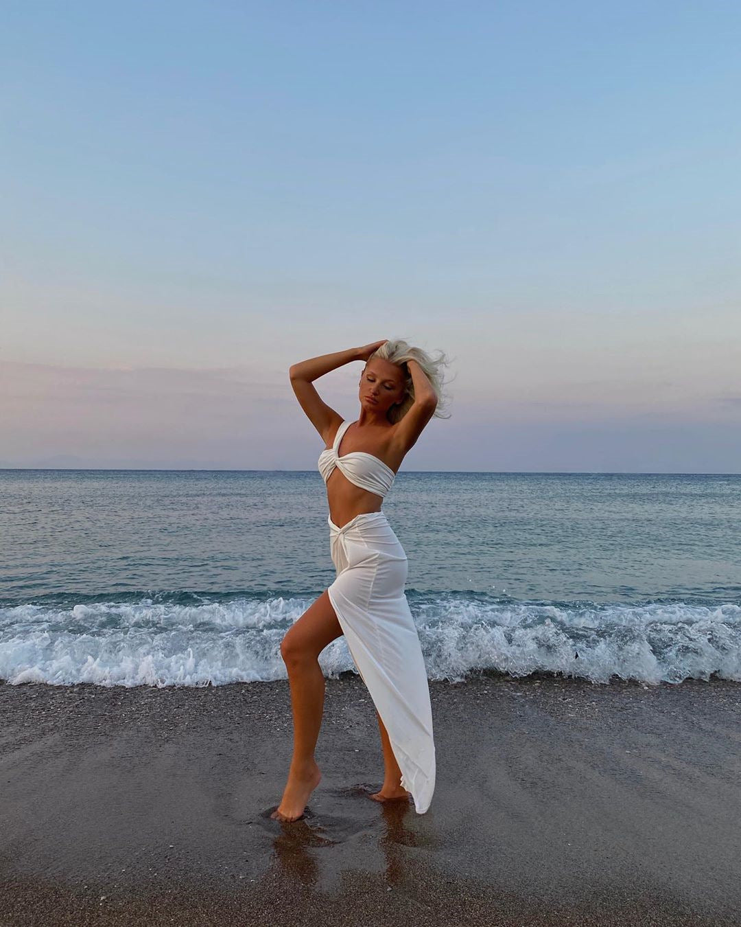 Sexy Crop Top Side Split Long Skirts Two Piece Set Women Twist One Shoulder 2 Piece Sets