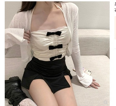 Women's Summer Design Short French Sexy Hot Girl Bow Lace Top