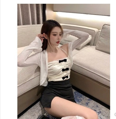 Women's Summer Design Short French Sexy Hot Girl Bow Lace Top