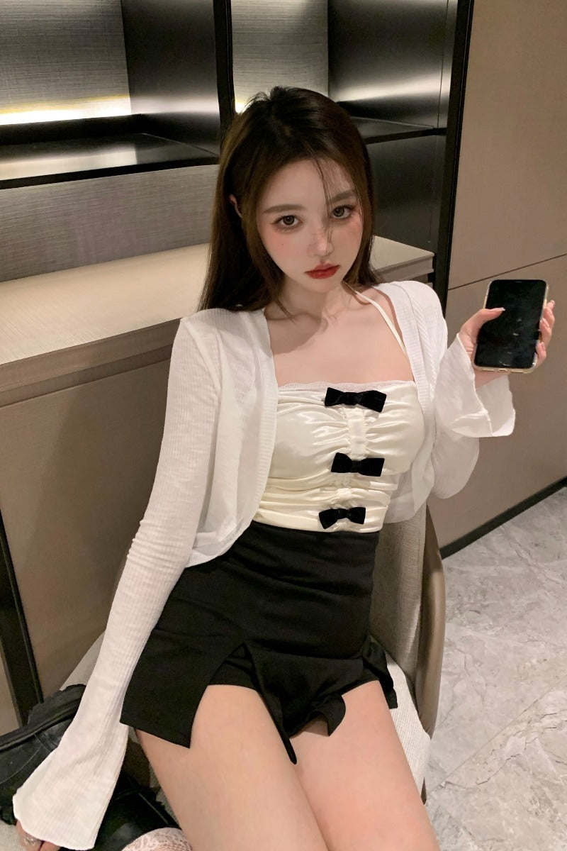 Women's Summer Design Short French Sexy Hot Girl Bow Lace Top