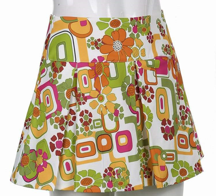 Retro Paisley Print Y2K Mini Skirts Women Sexy Cute Straight Split Green Skirt