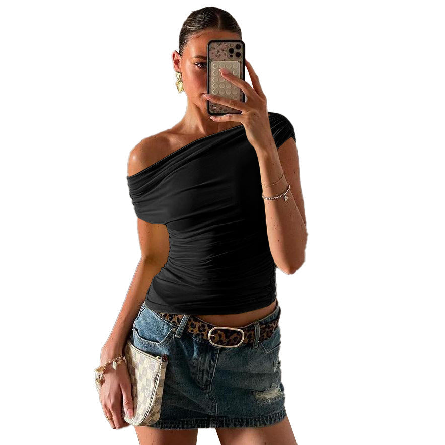 Street Simple Graceful Solid Color Diagonal Collar Top For Women