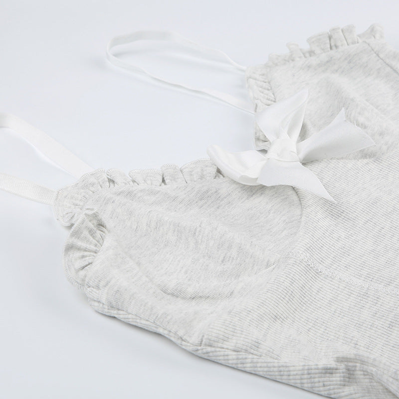 Girl Slim Fit Waist-tight Pure Mesh Vest Pure Desire Wind Sexy Low-cut V-neck Pleated Lace Bow Suspenders