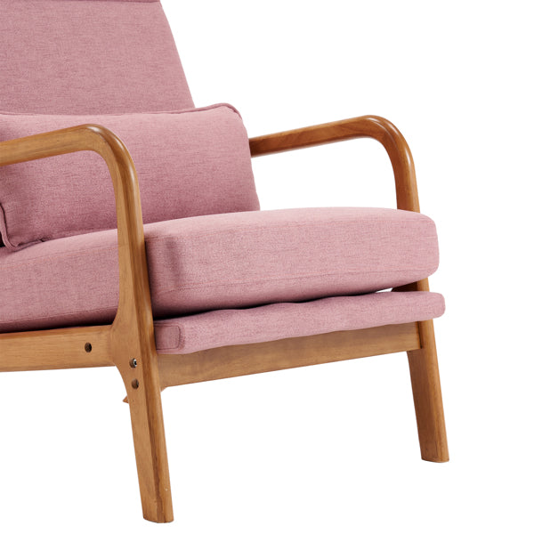High Back Solid Wood Armrest Backrest Iron Frame Linen Indoor Leisure Chair Pink