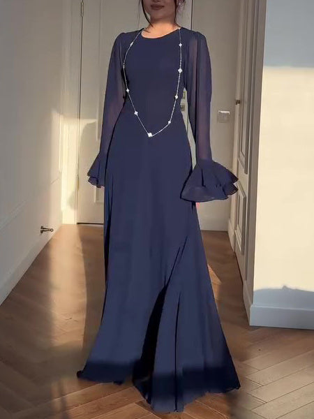 Navy Blue Trumpet Sleeve Tie Maxi Dress