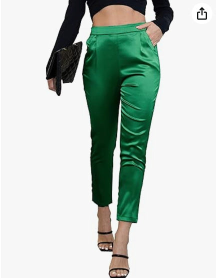 Women's Comfortable Pocket Straight High Waist Acetate Pants