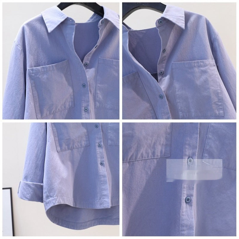 Women's Blue Double-pocket Brushed Cotton Shirt