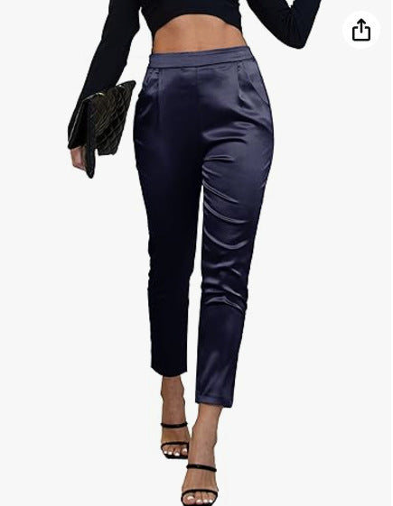 Women's Comfortable Pocket Straight High Waist Acetate Pants