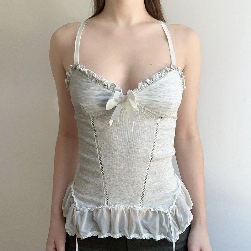 Girl Slim Fit Waist-tight Pure Mesh Vest Pure Desire Wind Sexy Low-cut V-neck Pleated Lace Bow Suspenders