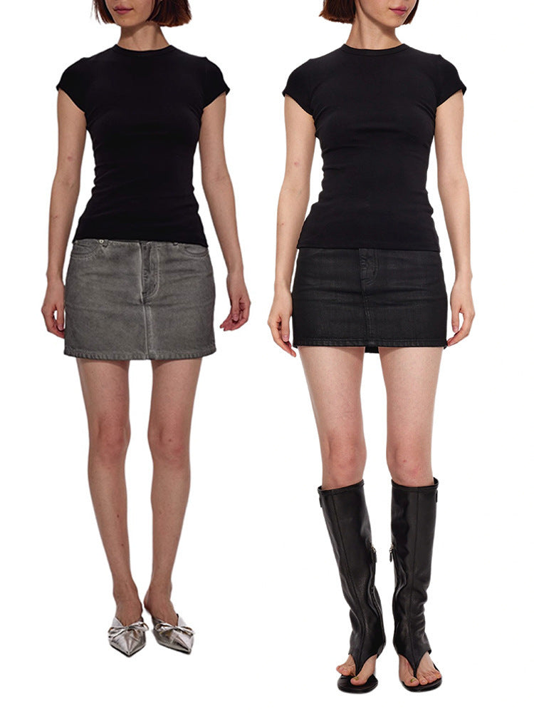 Women's Shoulder Round Neck T-shirt Slim Fit Slimming