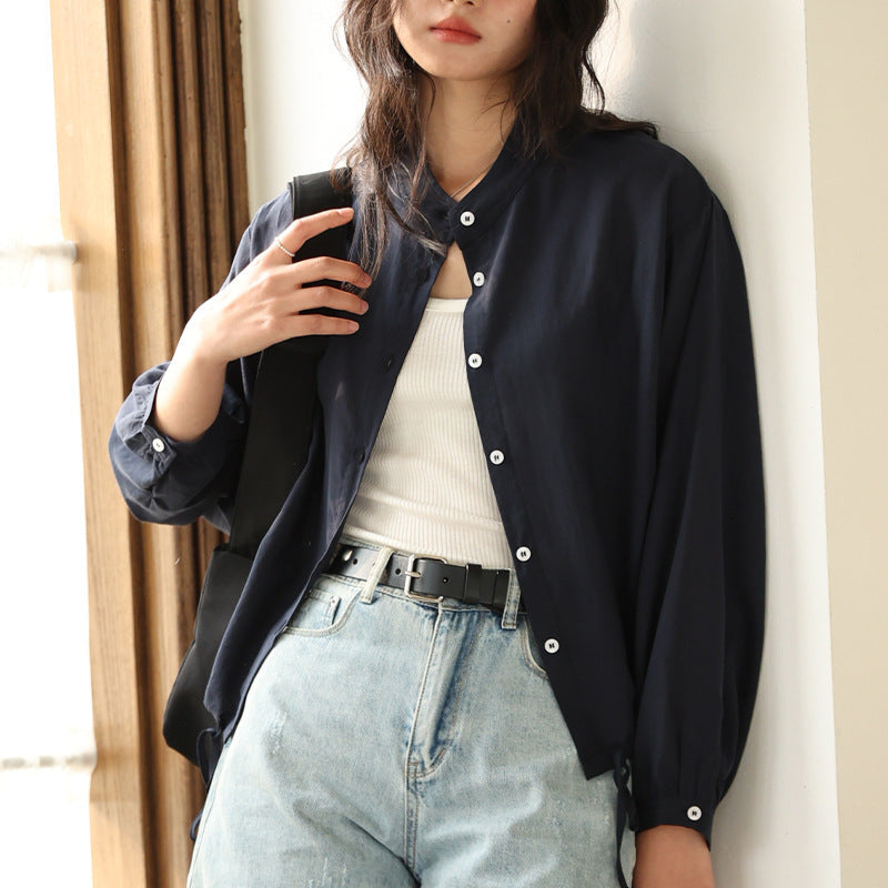 Linen Stand Collar Shirt Light Thin And Loose Button Top