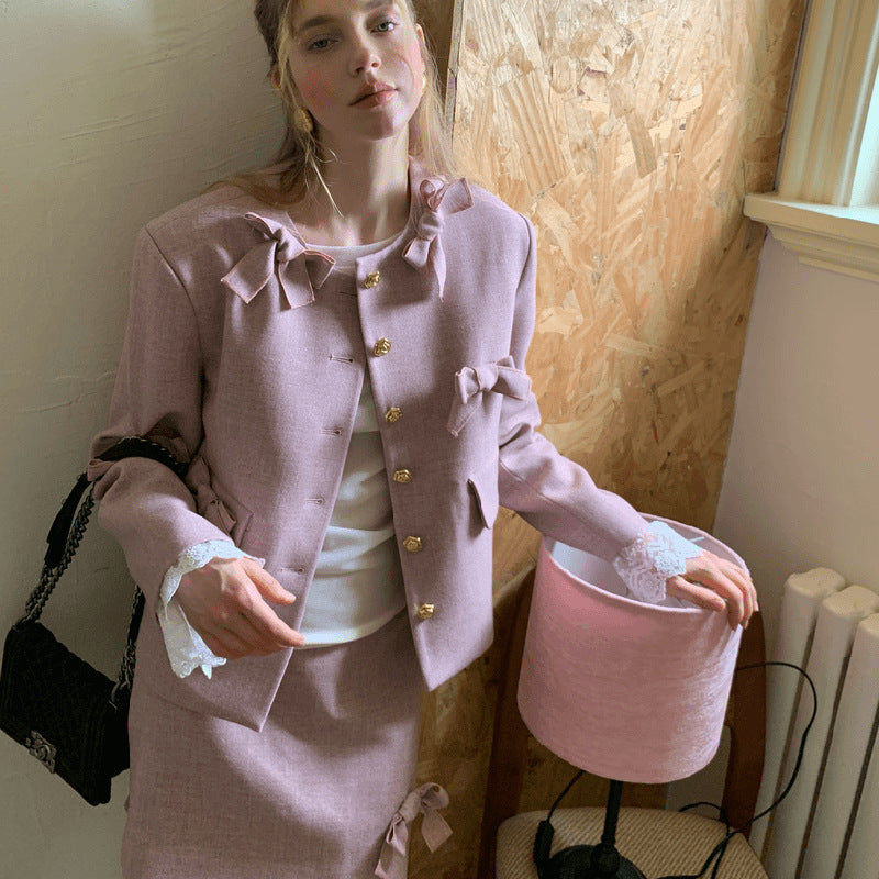 Ladies Bow Coat A- Line Short Skirt Two-piece Set Design Sense