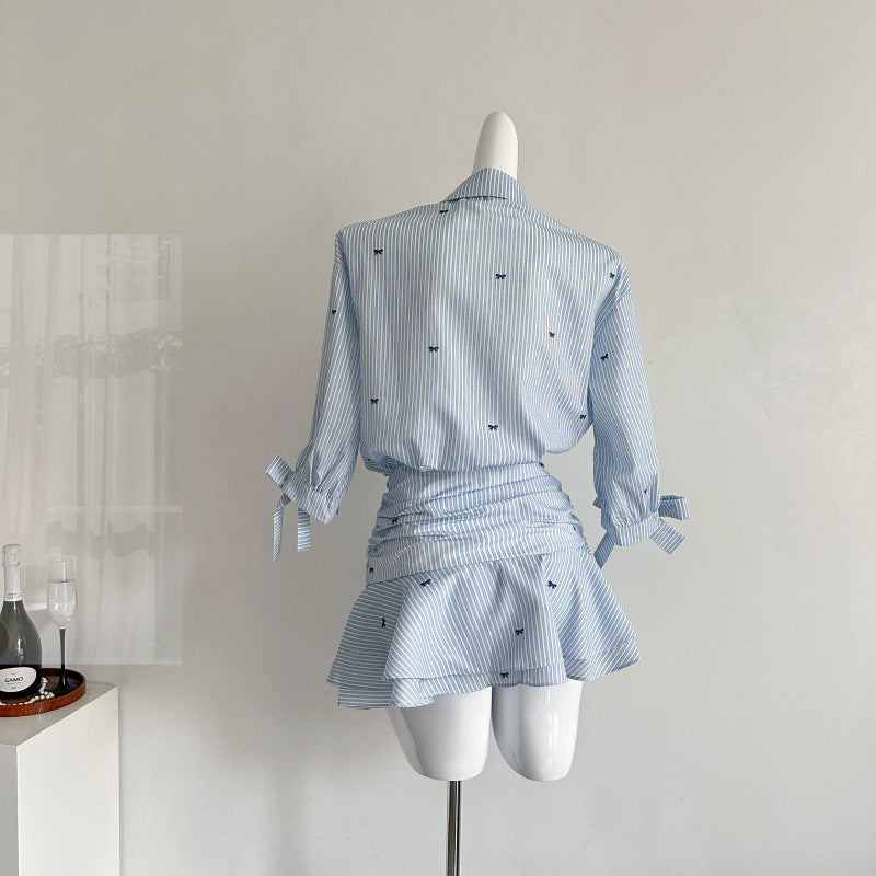 Half-sleeved And Waisted Shirt Dress Blue And White Striped Dress Ruffles