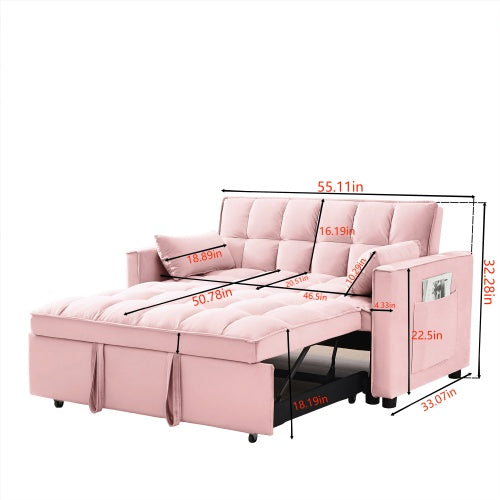 Modern Velvet Loveseat Futon Sofa Couch With Pullout Bed, Small Love Seat Lounge Sofa With Reclining Backrest, Toss Pillows, Pockets, 3 In 1 Convertible Sleeper Sofa Bed