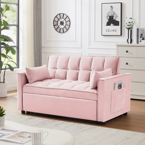 Modern Velvet Loveseat Futon Sofa Couch With Pullout Bed, Small Love Seat Lounge Sofa With Reclining Backrest, Toss Pillows, Pockets, 3 In 1 Convertible Sleeper Sofa Bed