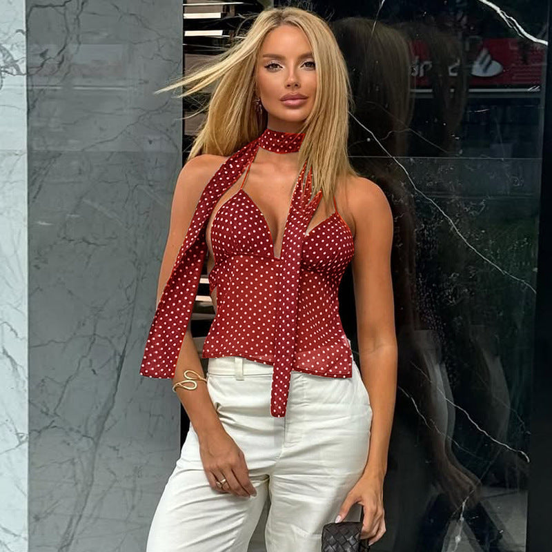 Polka Dot Deep V Lace-up Small Sling Backless Tube Top Vest