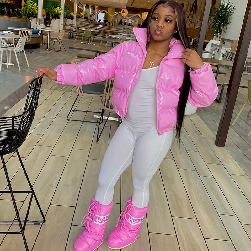 Faux PU Leather Y2K Bubble Puffer Winter Warm Jacket Women Coats Long Sleeve Outerwear Zipper Casual Slim Parkas