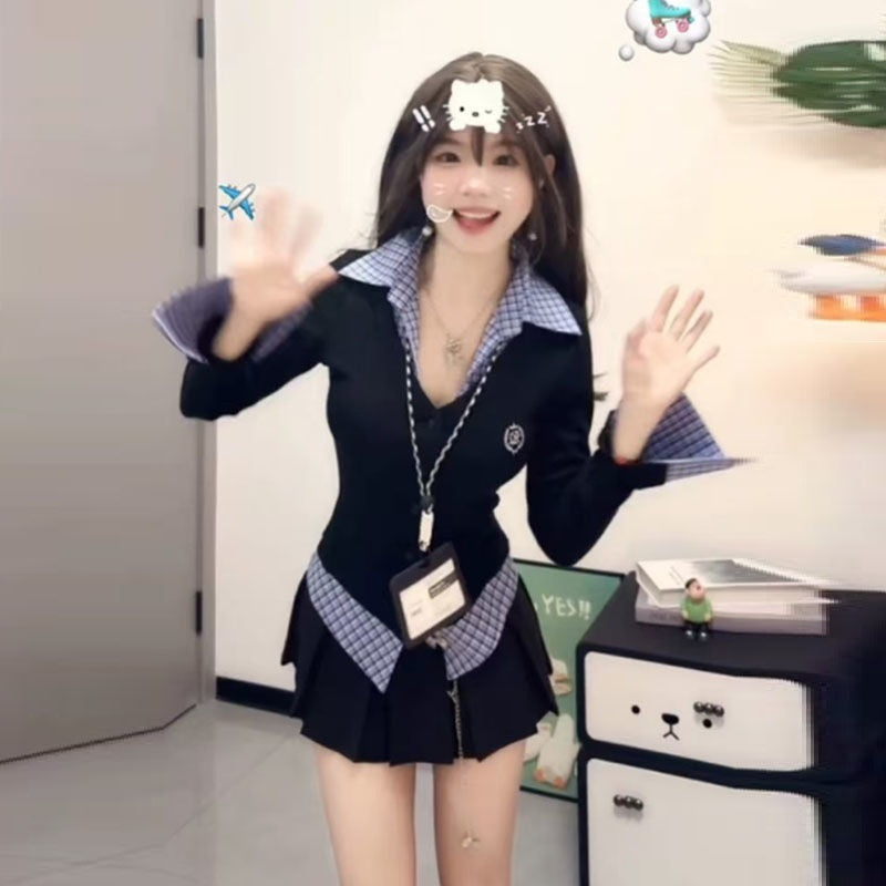 Fake Two-piece Plaid Long-sleeved T-shirt For Women