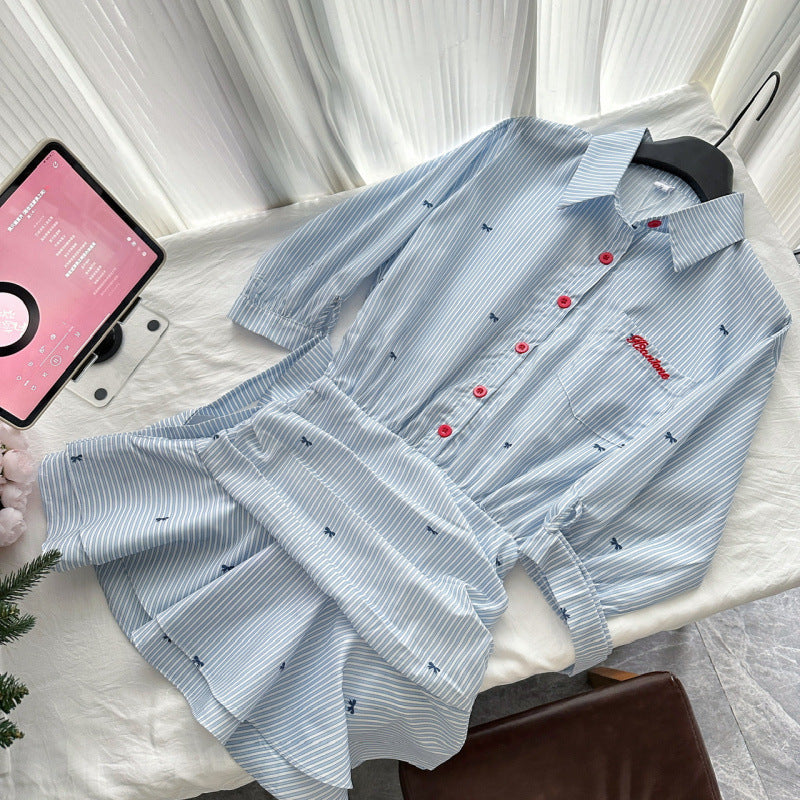 Half-sleeved And Waisted Shirt Dress Blue And White Striped Dress Ruffles