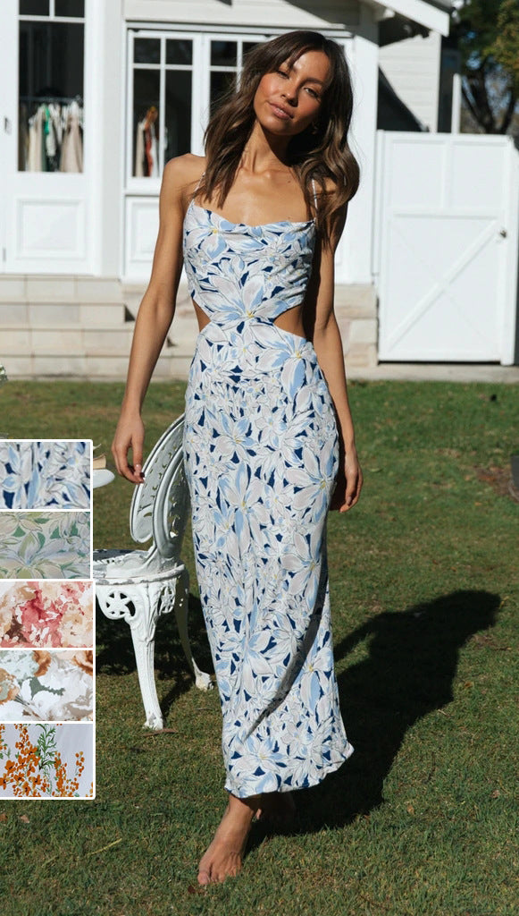 New Small Floral Print Backless Lace-up Sweet Spaghetti-strap Dress