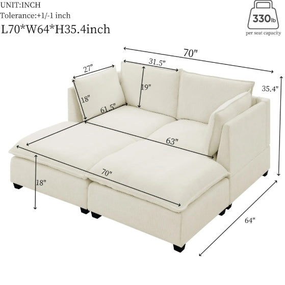Comfy Cloud Couch Loveseat With 2 Ottoman, Modern Chenille Love Seat Upholstered Modular Couch Sleeper,  Beige White