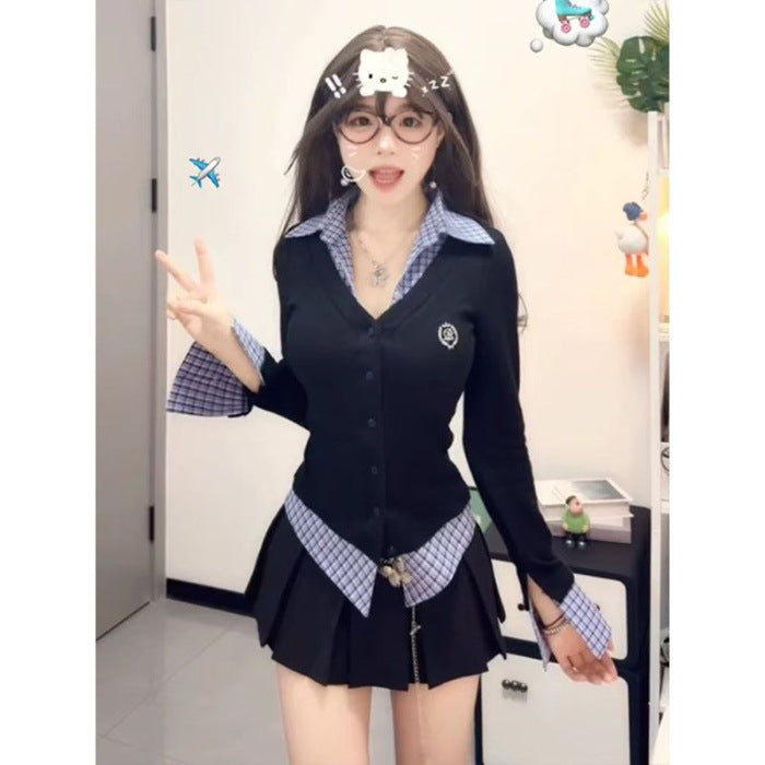 Fake Two-piece Plaid Long-sleeved T-shirt For Women