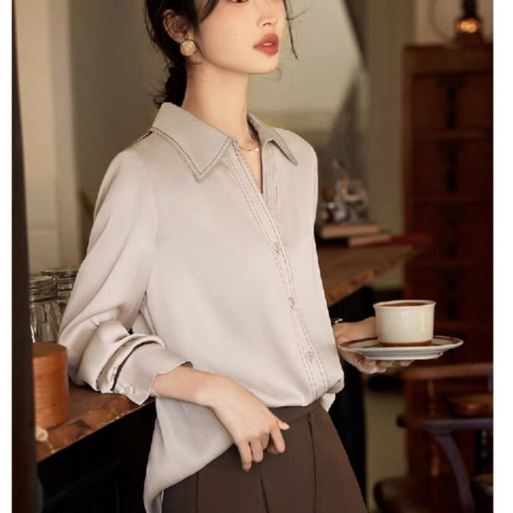 Fashion Commuter Style Contrast Color Bright Line Design Shirt For Women