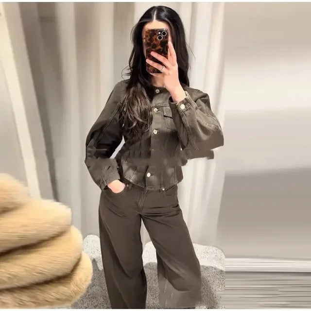 Single-breasted Denim Suit Wide-leg Pants