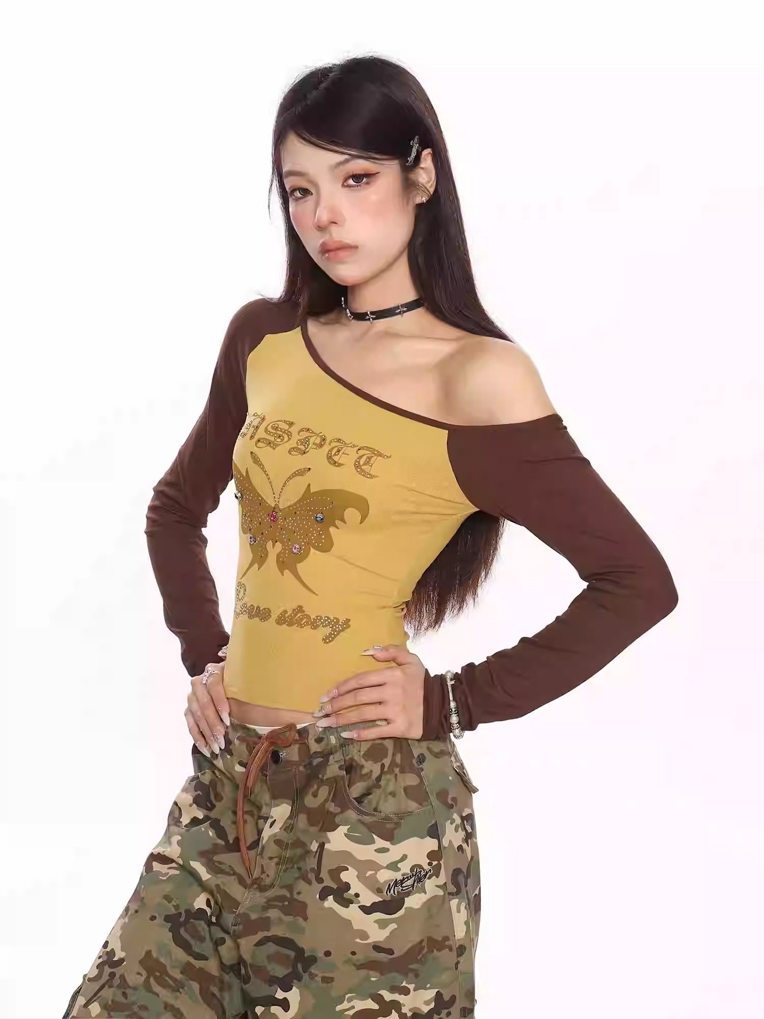 Retro Hot Girl Beaded Printed Shoulder Long Sleeve T-shirt