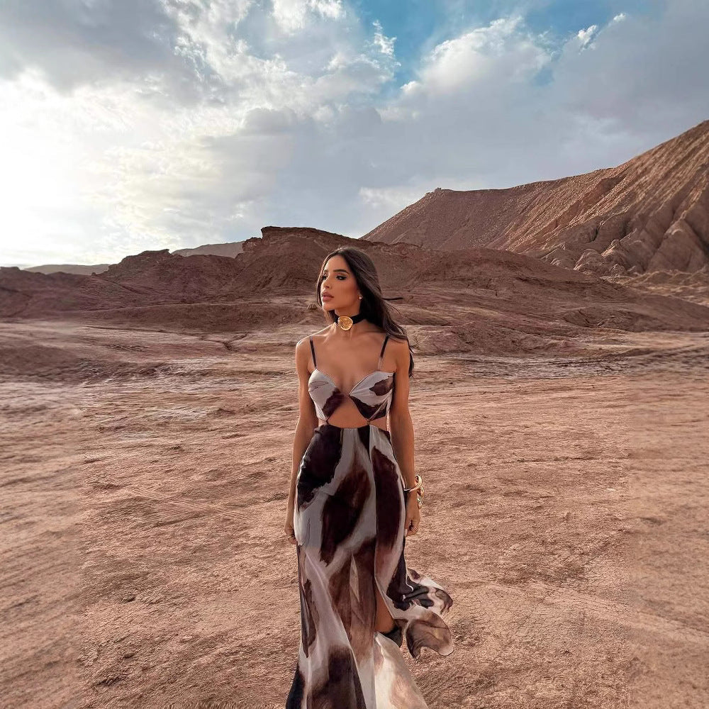 Tie-dye Sexy Front Empty Spaghetti Straps Sleeveless Elegant Vacation Dress