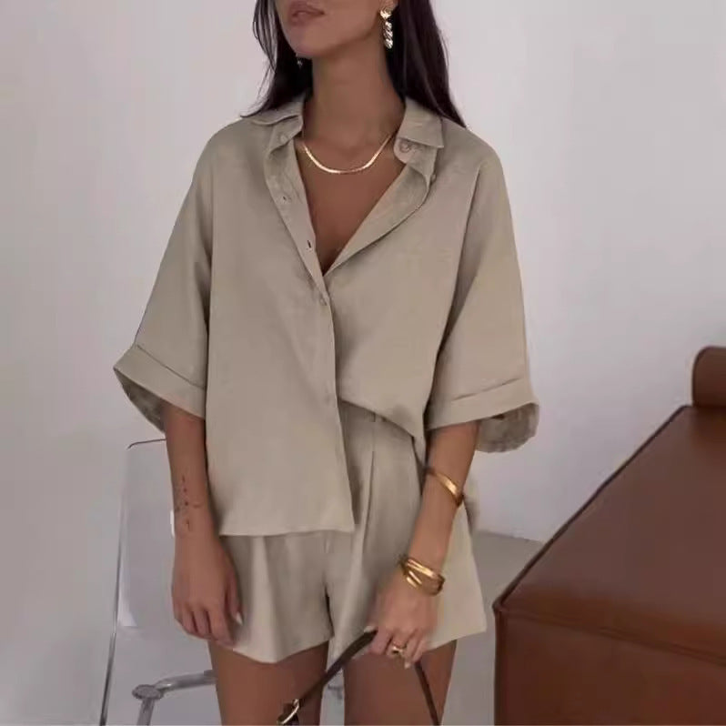 Fashion Polo Collar Half Sleeve Top And Shorts Two-piece Set