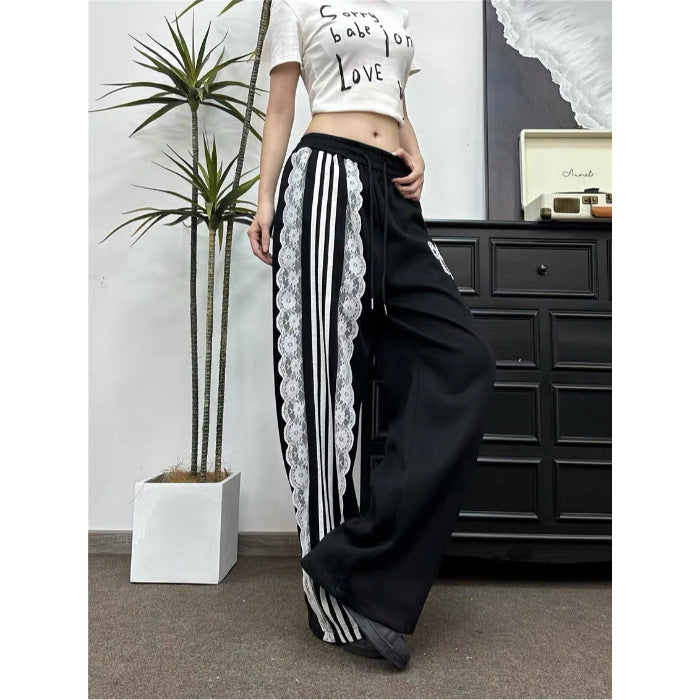 Striped Loose Blue Lace Bow Sports Pants Female